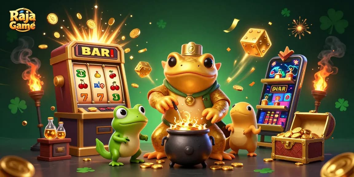 Engage with Raja Game featuring whimsical 3D characters enjoying vibrant casino activities with a jackpot explosion.