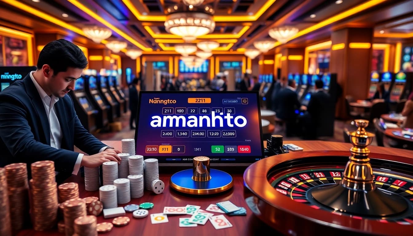 amanahtoto digital betting interface showcasing strategic Toto Macau gameplay with poker chips and roulette wheel