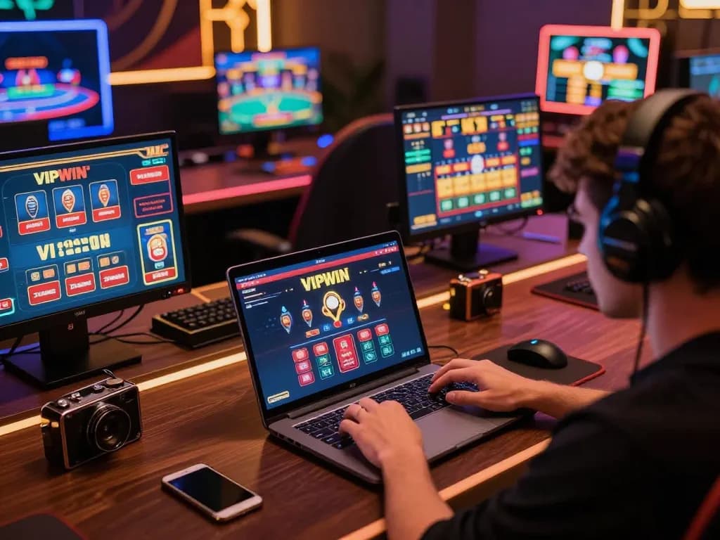 Engaged player using VIPWIN online casino interface on laptop while surrounded by vibrant gaming accessories.