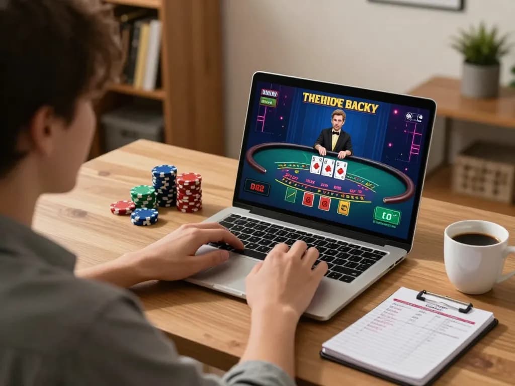 Orang menikmati permainan blackjack online di laptop di rumah, menampilkan tante77 untuk sesi yang menarik.