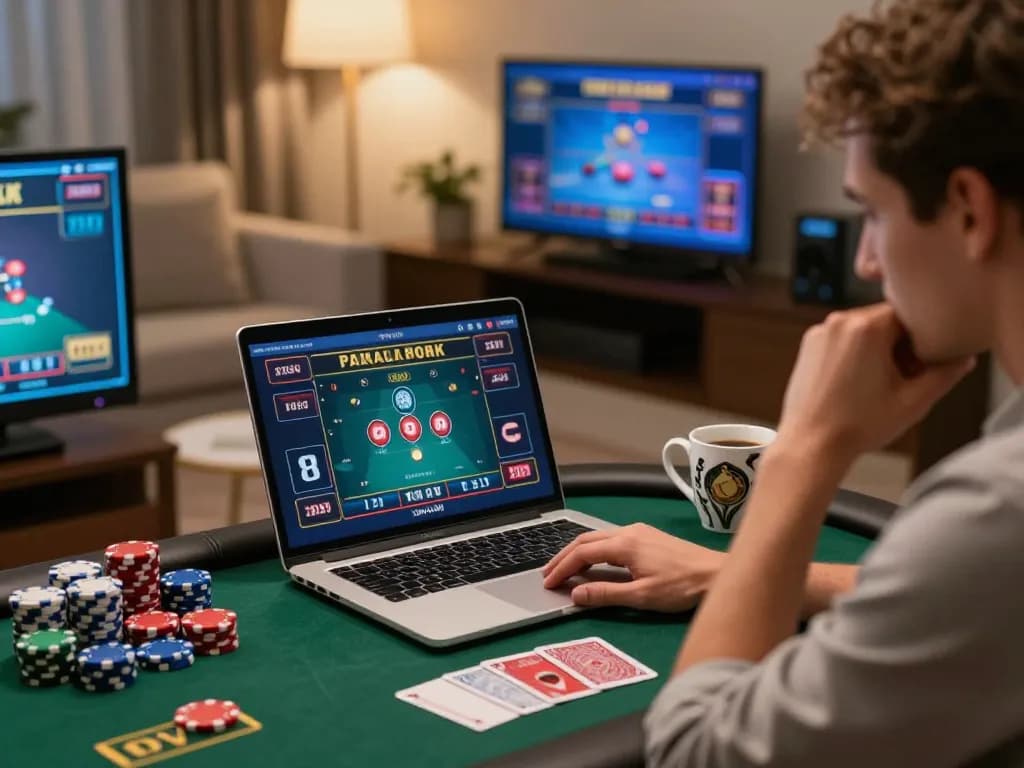 Engaging in high-stakes online poker gaming at home, showcasing the essence of tle-online strategy and excitement.