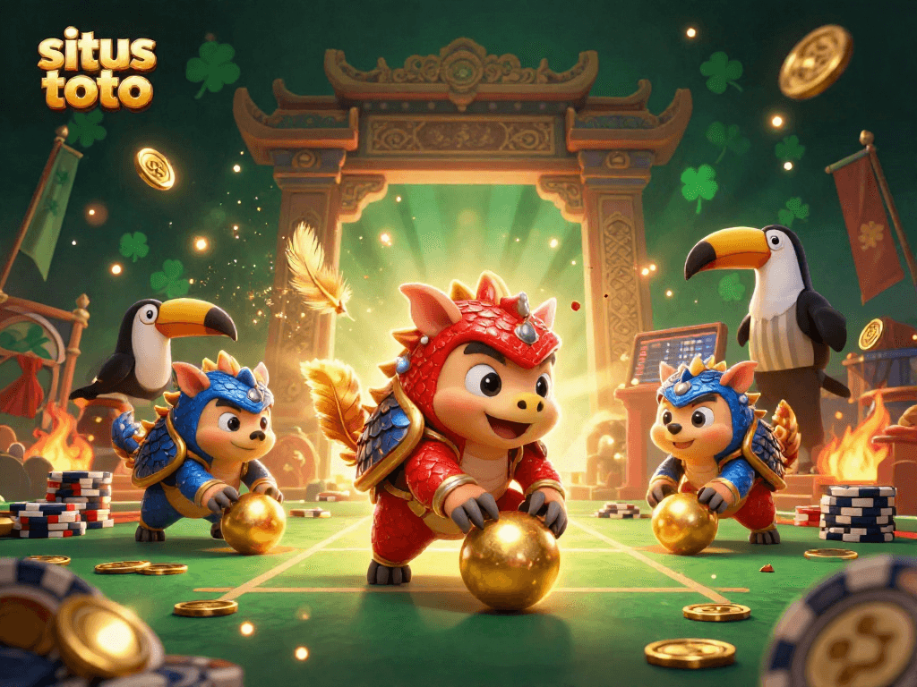 Engaging scene of situs toto gaming with rival pangolins amidst golden poker chips and vibrant casino elements.