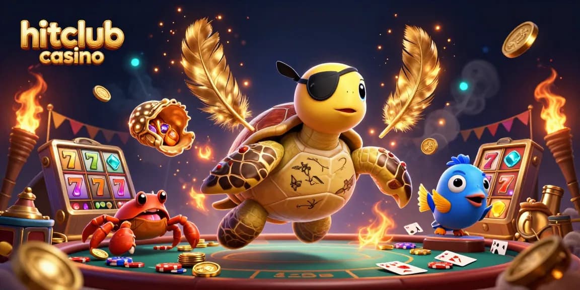 Engage in hitclub casino with a lively scene featuring a pirate turtle and slot elements over treasure.