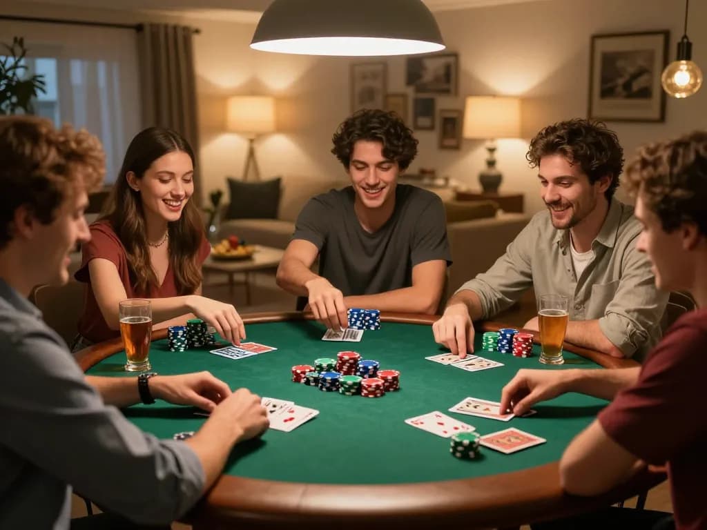 Friends enjoying a lively poker game at home, capturing the excitement and strategy of nego77 gaming.