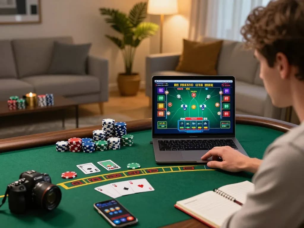 Engaged player using 88pulsa alternatif for blackjack at home with warm lighting creating a focused atmosphere.