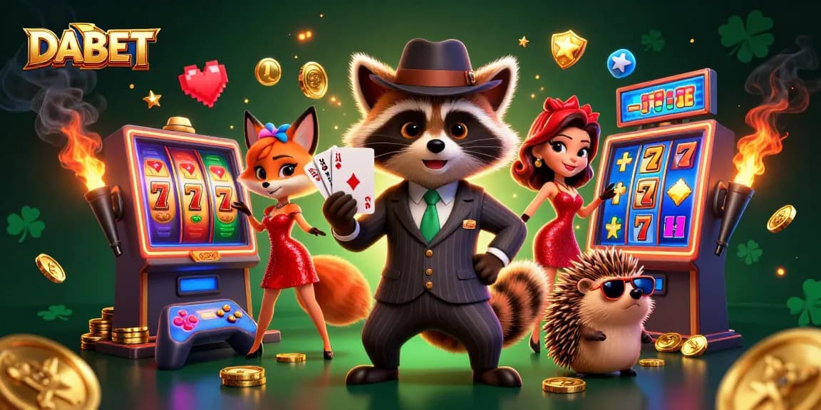 DABET casino scene with a raccoon holding a royal flush and exciting slot machine elements