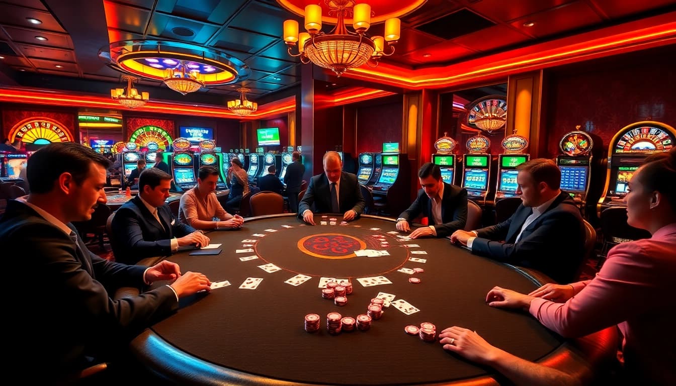 Engage in thrilling gameplay at https://ok8386n.com/ with a vibrant casino scene showcasing poker and roulette.