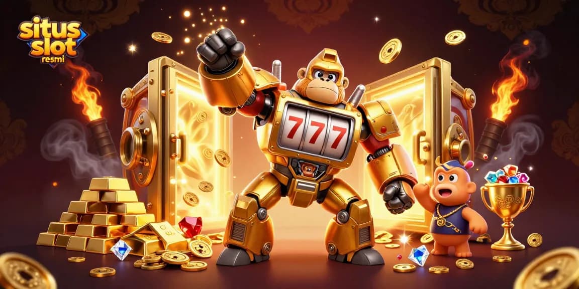 Mainkan situs slot resmi dengan karakter gorilla emas dan mesin slot yang menarik.