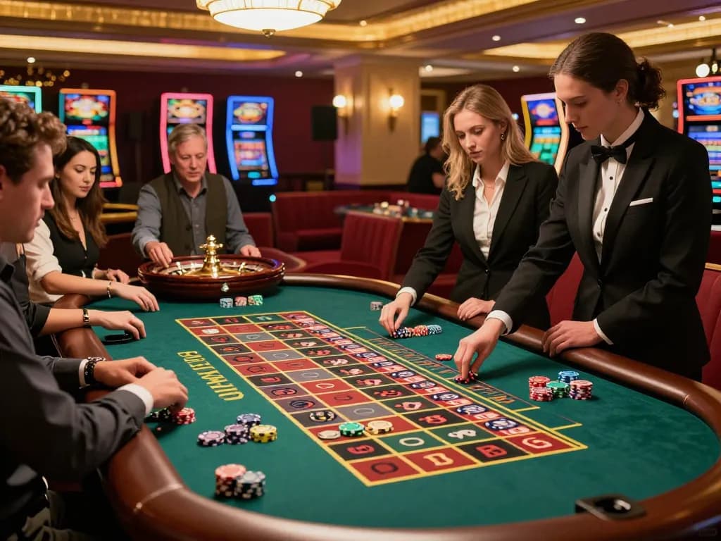 Engaged players at a roulette table enjoying the dynamic atmosphere of 22LUCK8 casino.