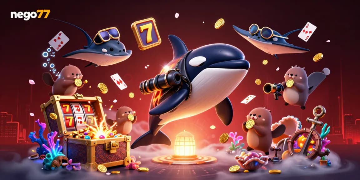 Experience high-stakes fun with nego77 as an orca and friends enjoy underwater riches in this vibrant casino scene.