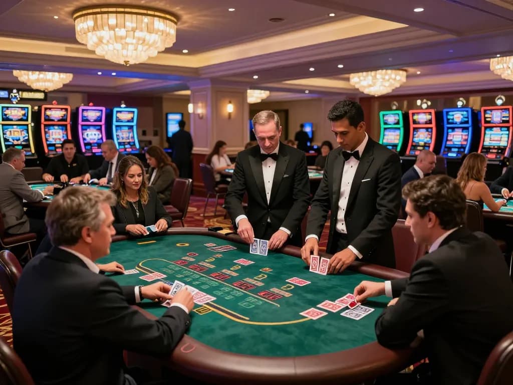 An exciting moment at okwin as players engage at blackjack tables, showcasing dynamic gameplay and a vibrant casino atmosphere.