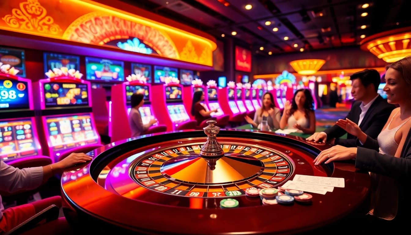 Exciting casino scene highlighting go88 with players at a roulette table, vibrant slot machines, and colorful chips.
