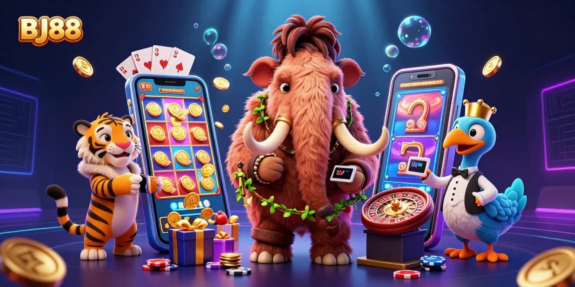 Experience the excitement of BJ88's 3D casino, featuring vibrant gaming elements and engaging characters.