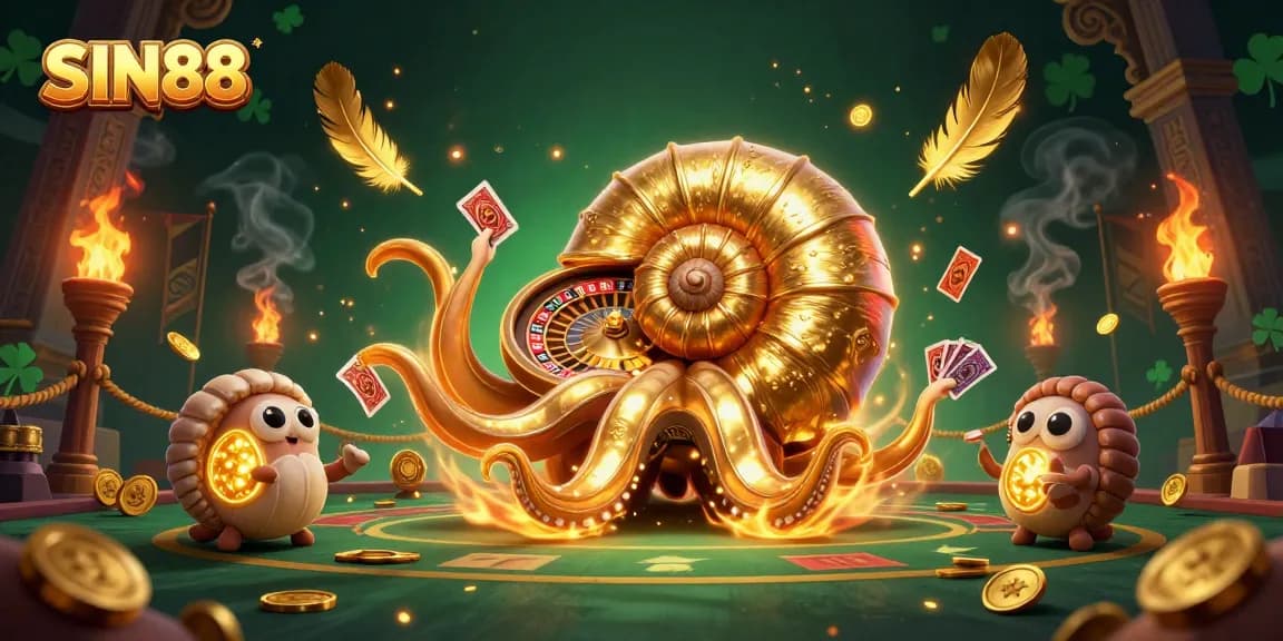 SIN88's exciting casino scene showcases a nautilus roulette wheel and glowing ammonites in action