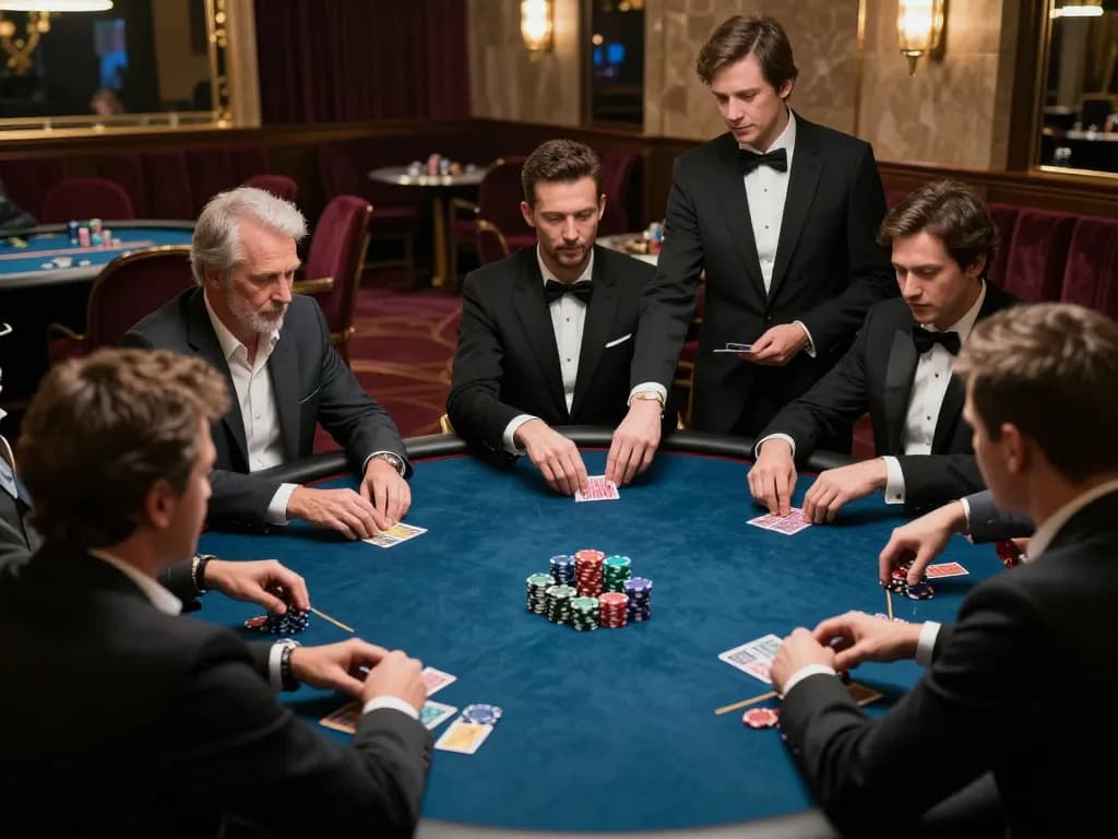 Participants at an elite poker game showcasing mb88 strategies with focused expressions and well-stacked chips