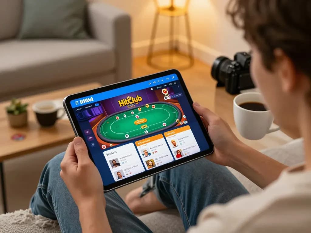 Tải Hitclub and enjoy playing poker in a cozy home setting with a tablet and warm lighting.
