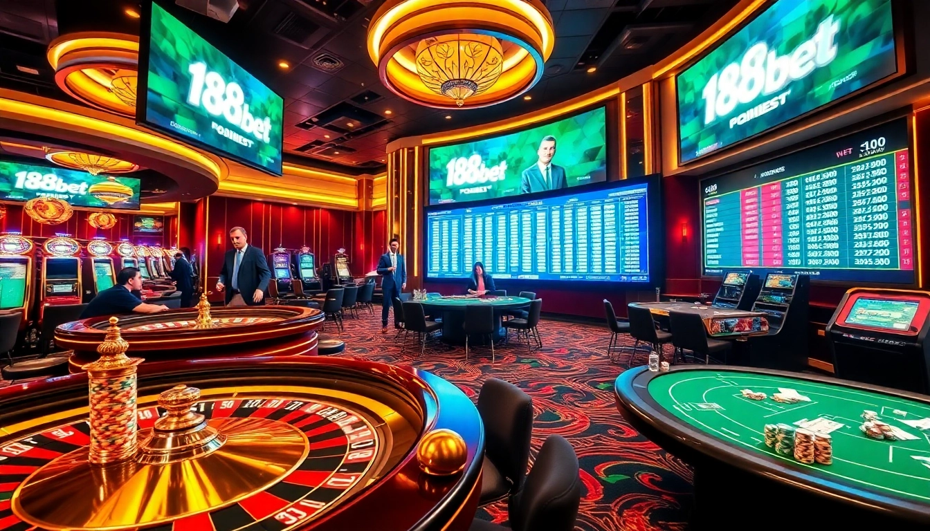 Engaging gamblers at a luxurious casino featuring 188bet games with roulette and poker elements.