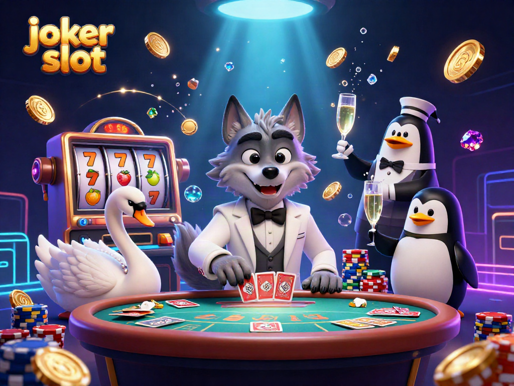 Experience the thrill of joker slot gameplay with lively casino characters surrounded by vibrant gaming elements.