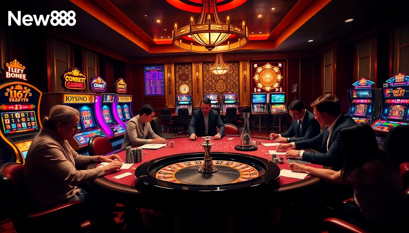 Players enjoying a thrilling poker game at New88 casino with vibrant slot machines in the background.