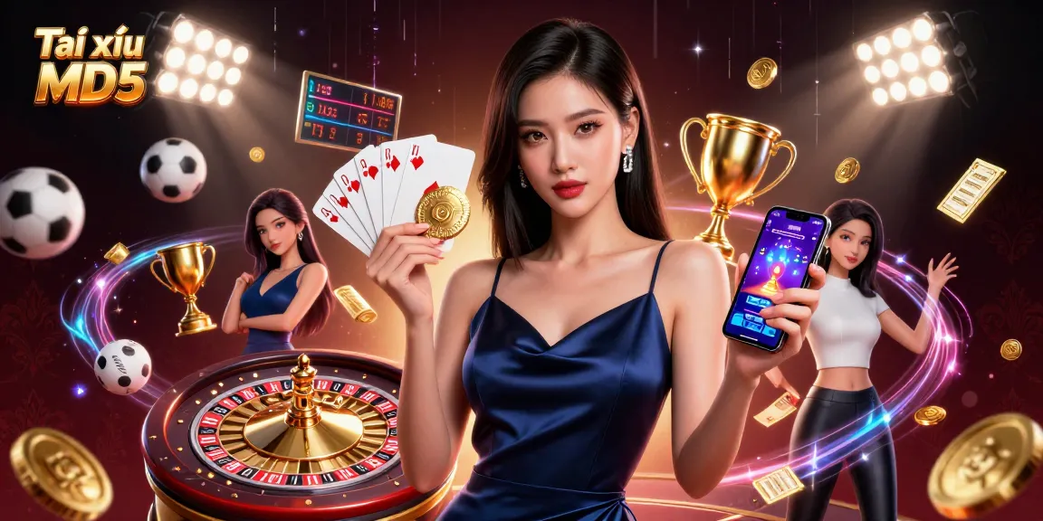 Engaging image showcasing Tài xỉu MD5, highlighting an Asian woman with a casino app and gaming elements.