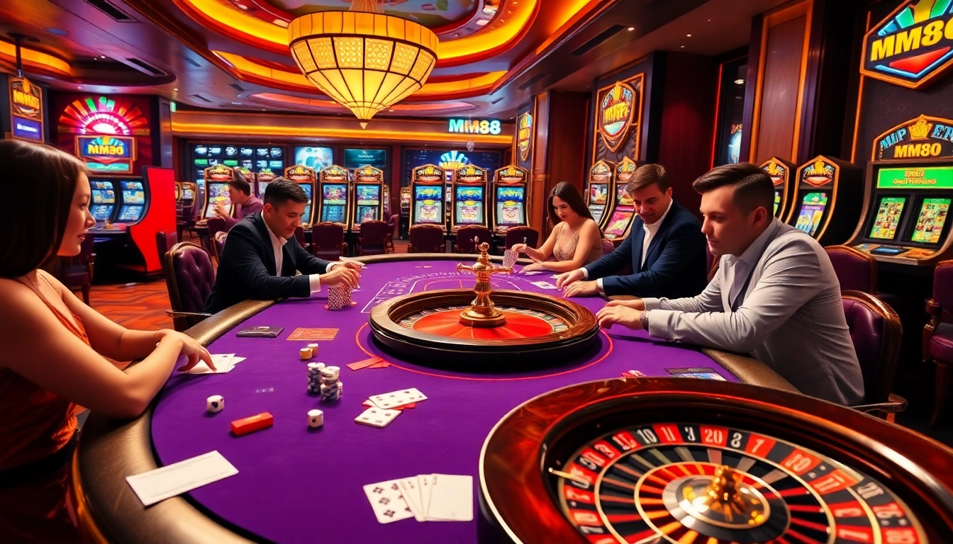 Experience high-stakes excitement at MM88's vibrant casino tables with poker chips and roulette wheels.