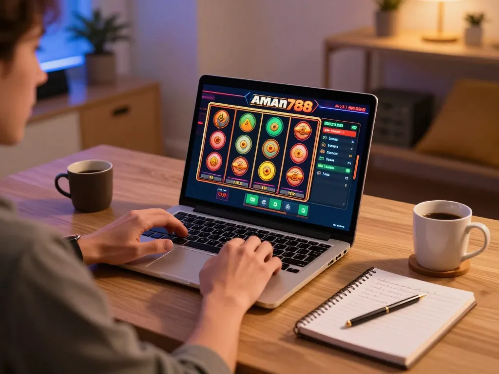 Engaging in aman788 slot online gameplay at home, showcasing vibrant screen and strategic setup.
