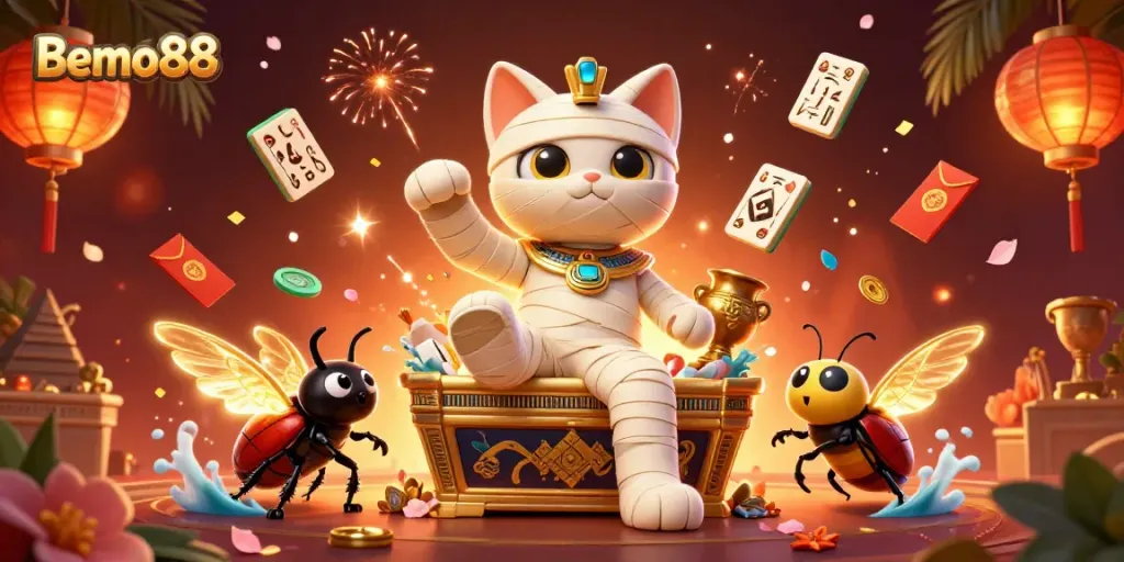 Engage with Bemo88's exciting gaming atmosphere featuring a mummy cat in a pyramid casino.