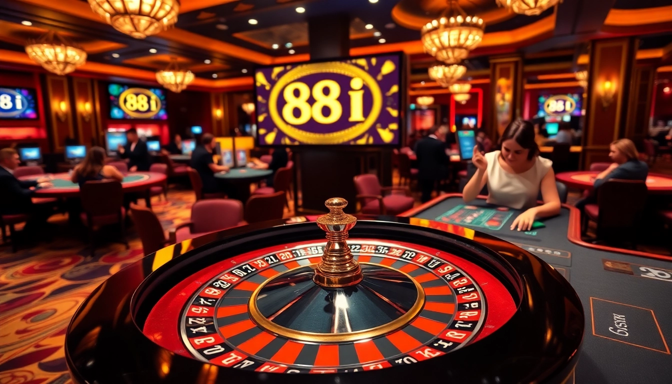 Gambling excitement at 88i with players at roulette and poker tables.