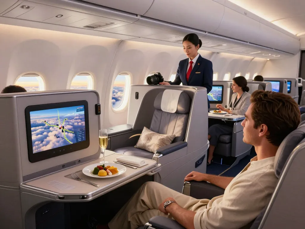 Passenger enjoying premium 789P aircraft experience with gourmet meal and stunning views.