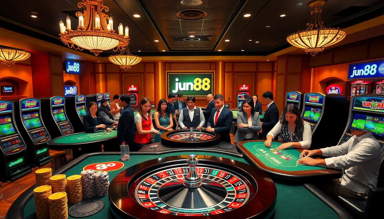 Experience the thrill of Jun88 with players enjoying poker and slot games in a vibrant casino setting.