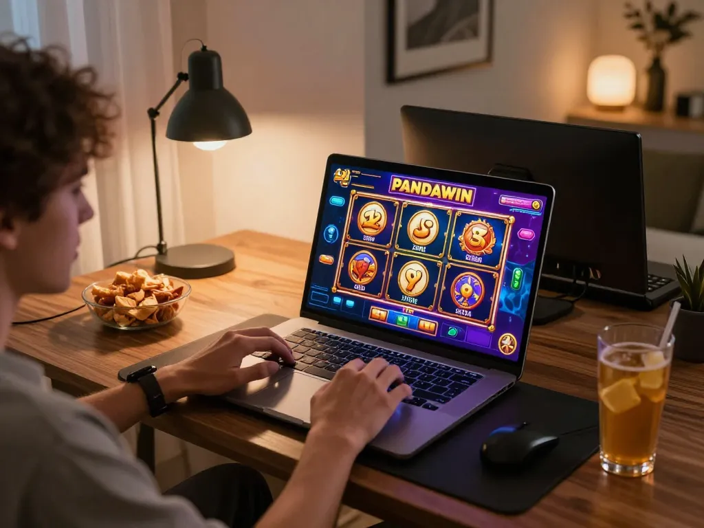 Pemain PANDWIN menikmati grafis slot 3D HD yang imersif di laptop selama sesi permainan yang nyaman di rumah