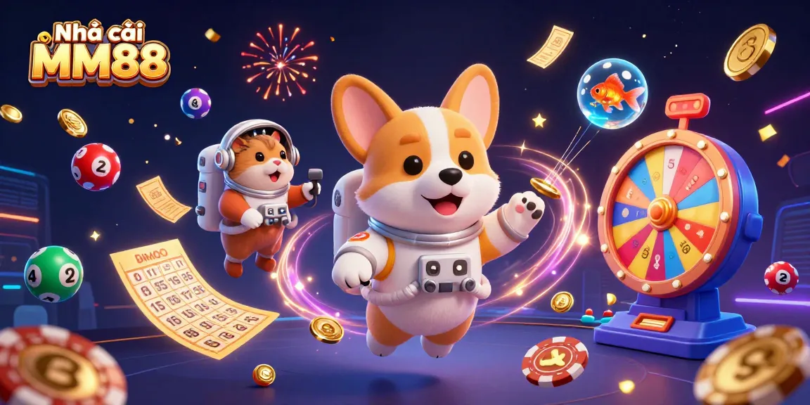 Join the fun at Nhà cái MM88 with a vibrant casino-themed 3D illustration showcasing animated characters and colorful game elements.