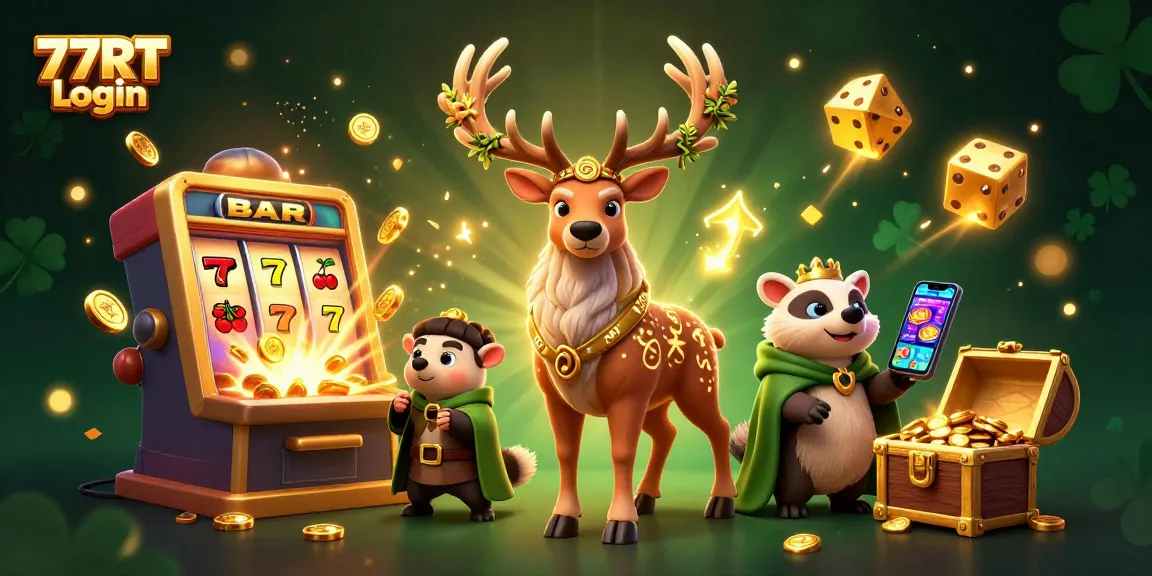 Experience the thrill of 77RT Login with enchanting casino visuals featuring a Celtic druid stag and jackpot symbols.