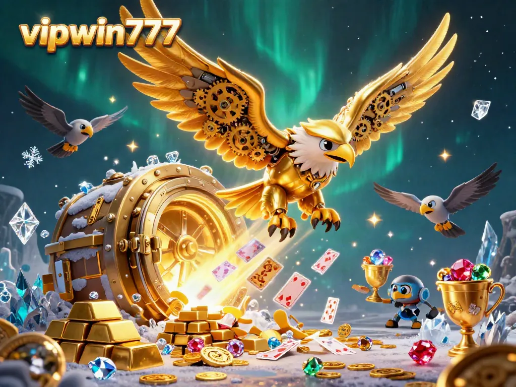 Experience thrilling wins at vipwin777 with a mesmerizing golden eagle surrounded by vibrant casino elements.
