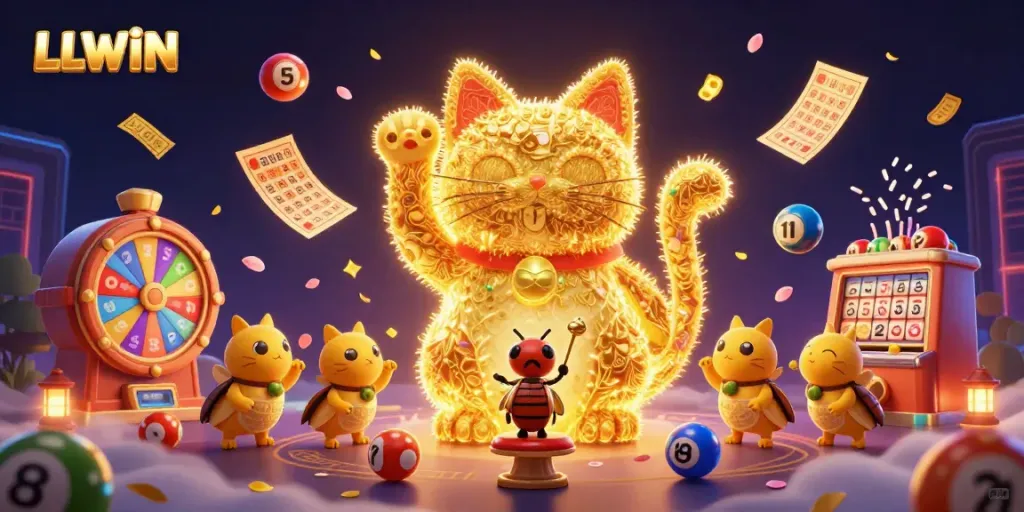 LLWIN captivating scene showcasing a giant lucky cat made of fireflies with dynamic lottery elements around it.