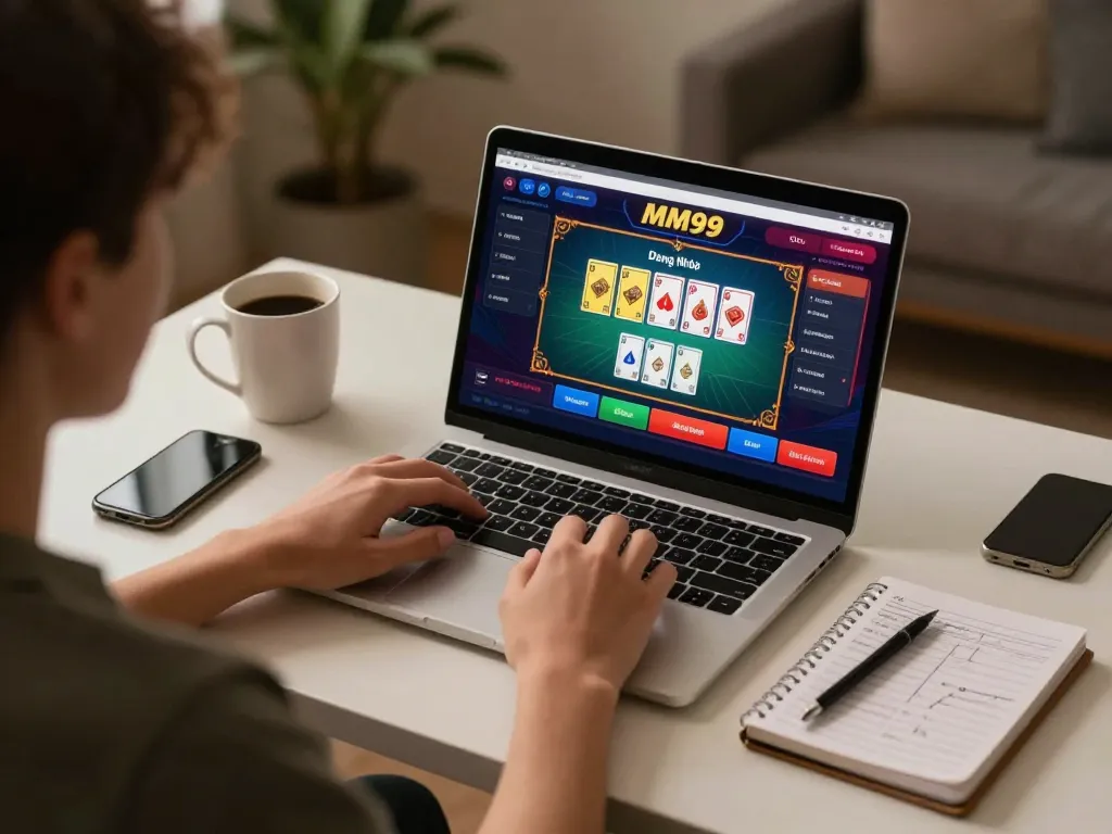 Engaging in MM99 Đăng Nhập for online gaming with vibrant casino interface and strategic planning.
