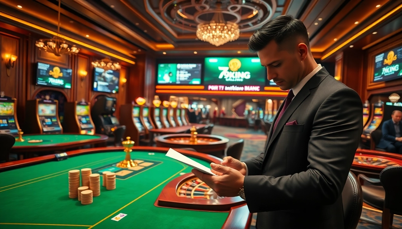 79king luxury casino scene: professional gambler analyzing odds at a grand table