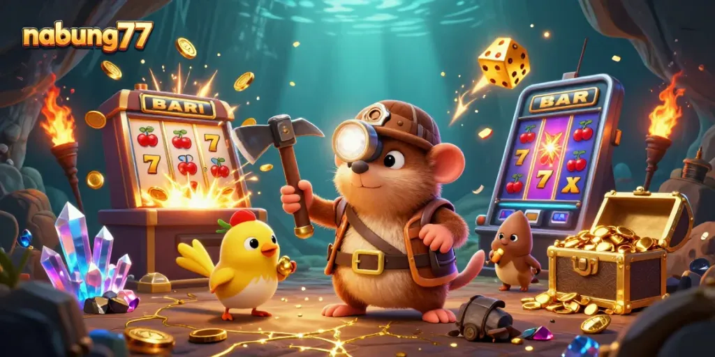 Nabung77 offers thrilling gaming experiences as our treasure hunter mole uncovers jackpots in a vibrant casino world.