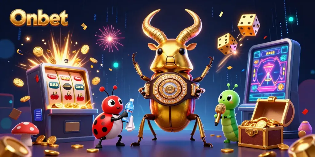Experience exhilarating wins at Onbet in this vibrant 3D illustration showcasing a giant golden stag beetle and game elements.