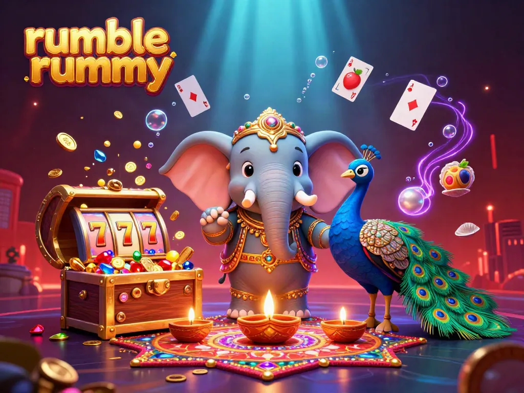 Engage in thrilling gameplay with the vibrant Rumble Rummy scene showcasing colorful characters, slot machines, and treasure.