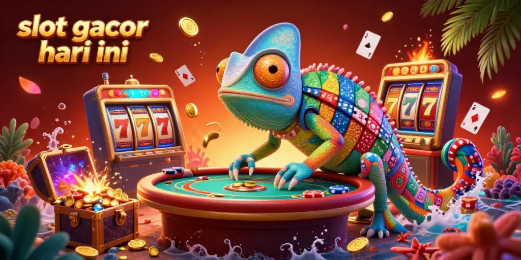 Experience thrilling gameplay with slot gacor hari ini, featuring a vibrant 3D chameleon owner amidst dynamic casino elements.