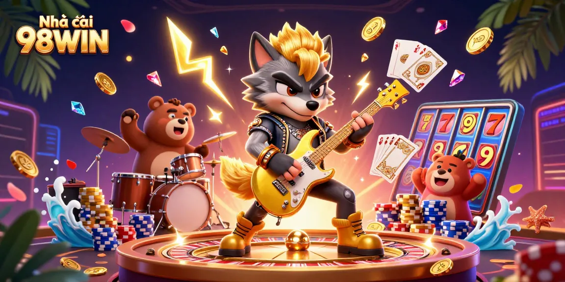 Engage in vibrant gaming action at Nhà cái 98WIN with cartoon characters and dynamic casino imagery.