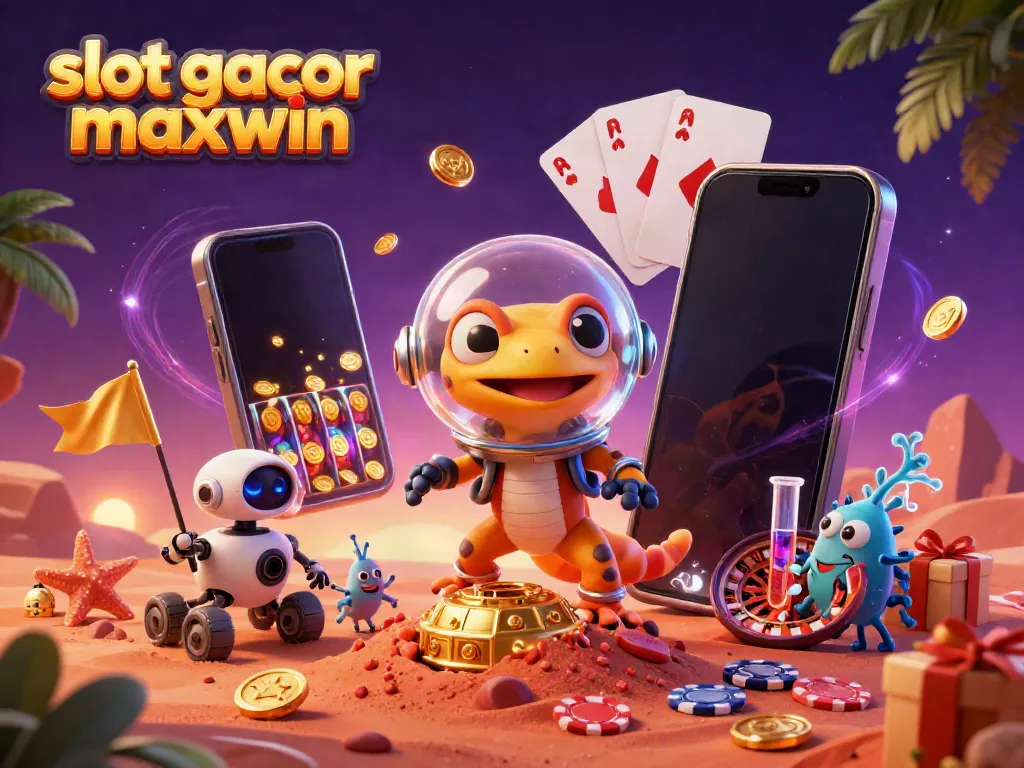 Slot gacor maxwin ditampilkan dalam ilustrasi 3D gecko Martian menemukan kasino emas di Mars.