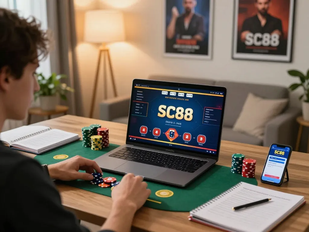 Player strategizing while gaming on the SC88 app at home, showcasing responsible gambling.