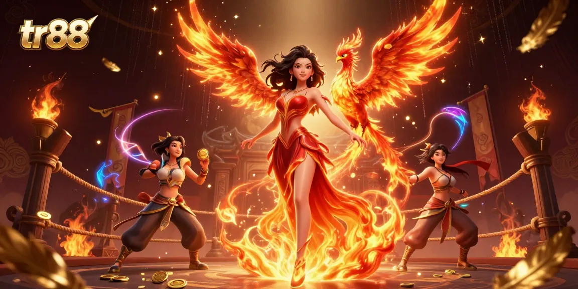 Engage with thrilling gaming action at tr88, featuring a fiery goddess wielding magic alongside a phoenix.