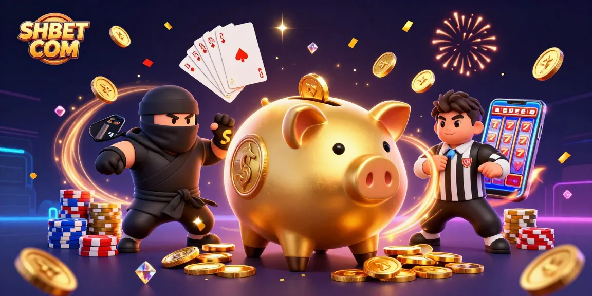 Engage in thrilling gaming adventures at SHBET COM with a vibrant 3D casino scene featuring exciting characters and glittering prizes.