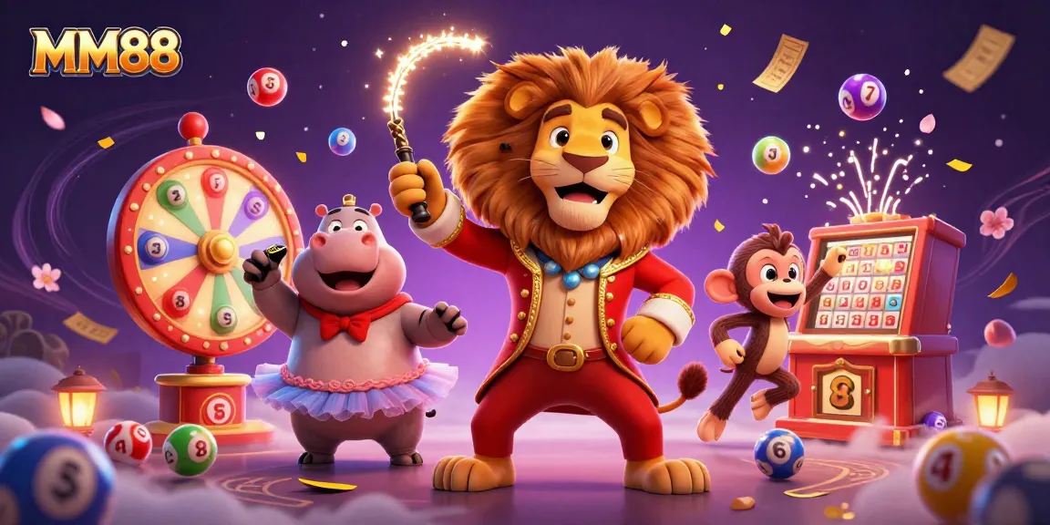 Engage in thrilling MM88 gaming with a vibrant scene of cartoon characters, lottery balls, and dynamic casino elements.