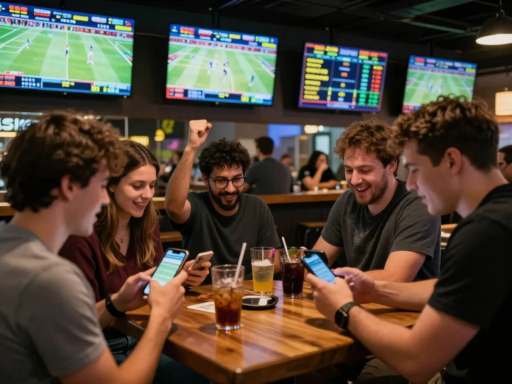 Engaged sports fans placing bets on 88AA.COM amid a lively bar, showcasing the thrill of live betting