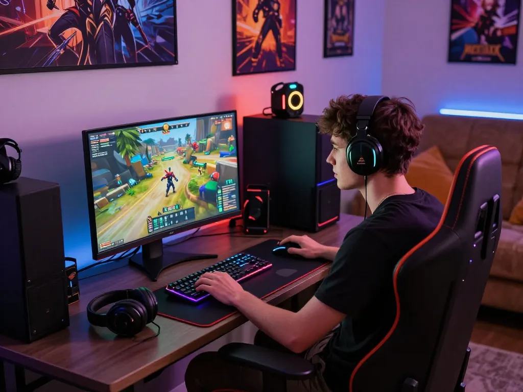 Engaging scene of a player enjoying html porn games on a vibrant gaming setup with immersive graphics.