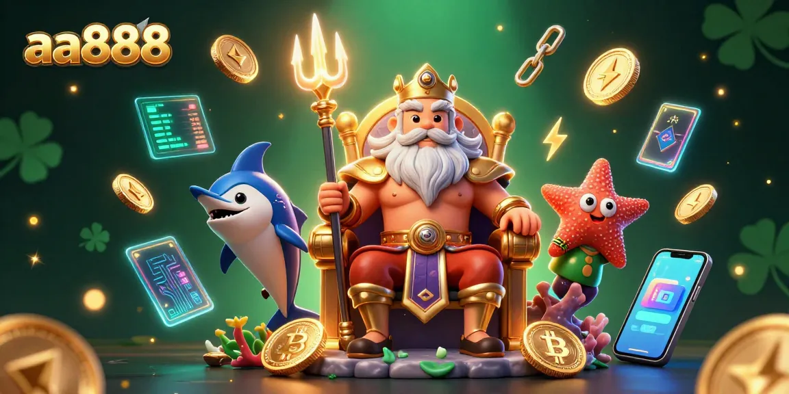 Experience thrilling gaming with aa888, featuring Neptune and crypto elements in a vibrant casino scene.